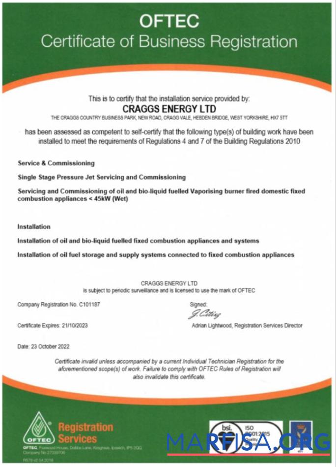 Printable USA OFTEC certificate of registration Word and PDF template